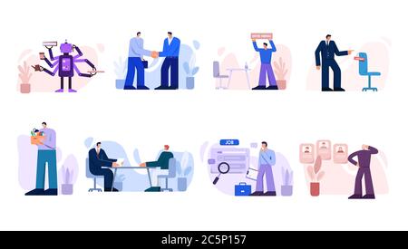Search work set. Characters conclude business contract interview with new candidate. Stock Vector