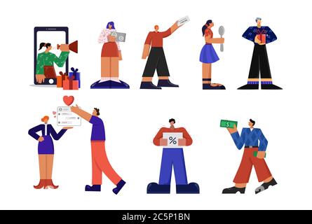 Working professions set. Drawing and arranging gifts issuing loans express courier delivery. Stock Vector