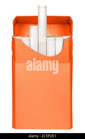 Opened orange cigarettes pack box isolated on white. Clipping path  included. Ready for your design Stock Photo