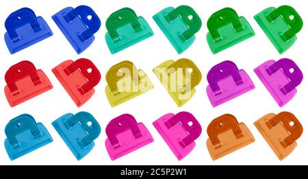 Colorful plastic clamps isolated on white background. Stock Photo