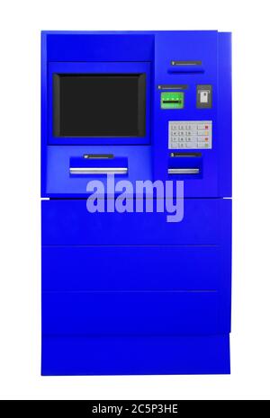 Blue ATM Bank Cash Machine Isolated on White. Clipping path included. Stock Photo