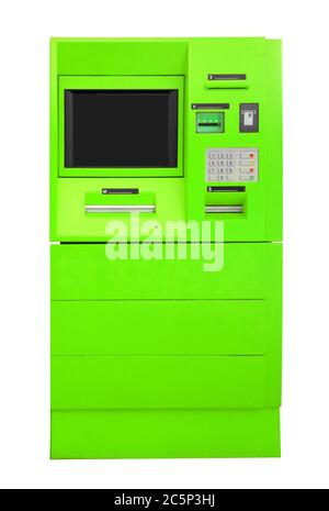 Green ATM Bank Cash Machine Isolated on White. Clipping path included. Stock Photo