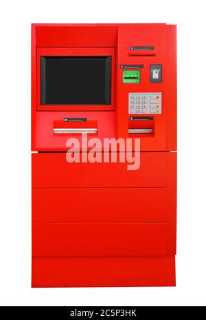 Red ATM Bank Cash Machine Isolated on White. Clipping path included. Stock Photo