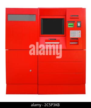 Red ATM Bank Cash Machine Isolated on White. Clipping path included. Stock Photo