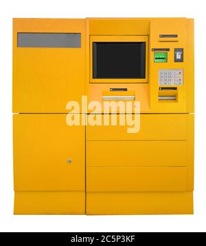Yellow ATM Bank Cash Machine Isolated on White. Clipping path included. Stock Photo