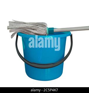 Light blue bucket with cleaning mop isolated on a white background. Clipping path included. Stock Photo