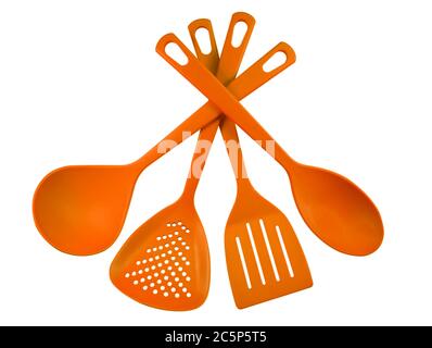 Orange plastic kitchen utensils isolated on white. Clipping path included. Stock Photo