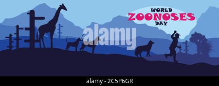 World Zoonoses Day, 6th july, poster, greeting landscape background, illustration vector Stock Vector
