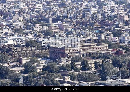 Beautiful sunset view from Nahargarh Fort stands on the edge of the Aravalli Hills, overlook of the Jaipur Monument & city in the Rajasthan, India. Stock Photo