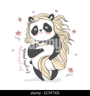 Panda Venus in doodles style. Panda with long blonde hair. Vector illustration EPS10 Stock Vector