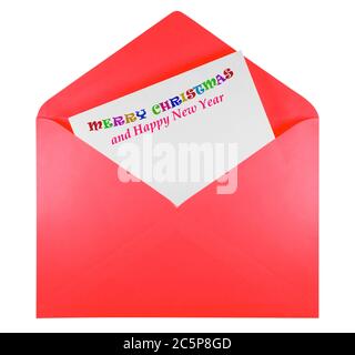 Red envelope with text Merry Christmas. Clipping path included Stock Photo