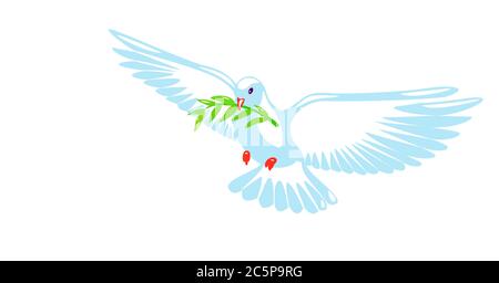 Dove of peace purity design. Pigeon with green olive branch on white background. Logo, symbol of love and messengers. Flat vector Beautiful graphic isolated element. Flying cartoon bird drawing. Stock Vector