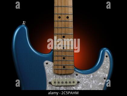 Detail of a Fender Stratocaster electric guitar in Blue Sparkle showing the cutouts, fingerboard and frets, one single-coil pickup, and the top of the white pearl pickguard. Stock Photo