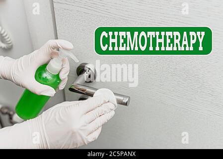 Conceptual hand writing showing Chemotherapy. Concept meaning the treatment of disease by the use of chemical substances Contaminated electronic gadge Stock Photo