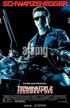 Terminator 2: Judgment Day (1991) directed by James Cameron and starring Arnold Schwarzenegger, Linda Hamilton, Edward Furlon and Robert Patrick. Innovative sequel where the Skynet supercomputer tries to kill a future resistant leader whilst he is still a child. Stock Photo