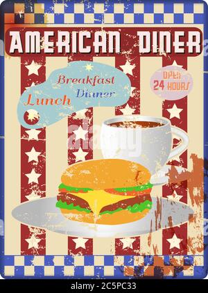 retro american diner sign, worn and weathered, vector eps Stock Vector