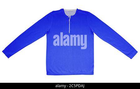 Blue warm shirt with long sleeves isolated on white. Clipping path included. Stock Photo