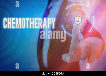 Conceptual hand writing showing Chemotherapy. Concept meaning the treatment of disease by the use of chemical substances Graphics padlock for web data Stock Photo