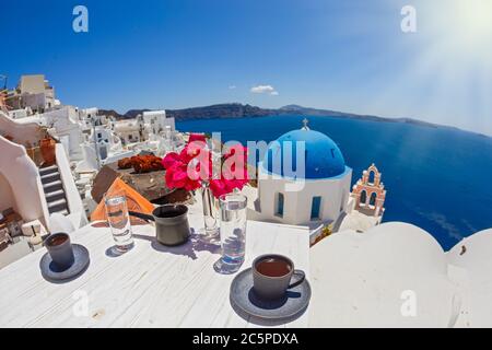 Morning coffee on the beach of Greece Stock Photo