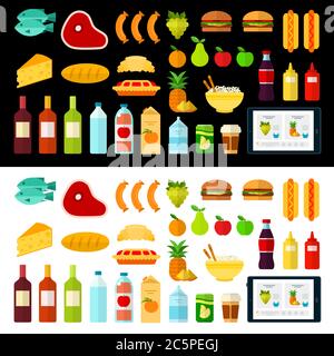 Home delivery food order vector flat icons. Isolated on white and black Stock Vector