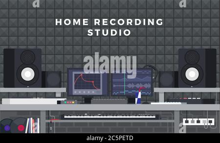 Illustration of home recording studio on background of a mosaic wall of gray tiles flat vector set Stock Vector