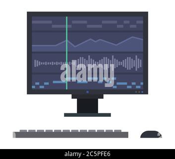 Graphs of sound waves on a computer monitor Musician vector icon flat isolated illustration. Stock Vector