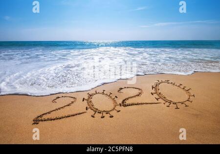 Year 2020  Global COVID-19 pandemic concept image. Sandy tropical ocean beach lettering. SARS-CoV-2 beating and vaccine researching concept image. Stock Photo