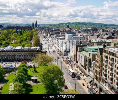 View from above of Edinburgh city centre on sunny day, Scotland, UK Stock Photo