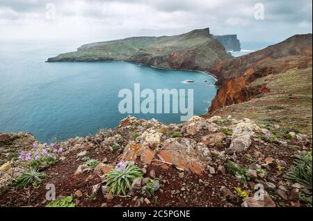 Sao Lourenco view with Atlantic ocean bay from Pico do Furado - the headland's highest point in the end of February, Madeira island, Portugal. Stock Photo