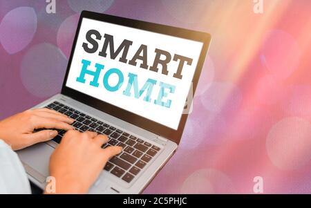 Writing note showing Smart Home. Business concept for equipped home can be controlled remotely by phone or computer Modern gadgets white screen under Stock Photo