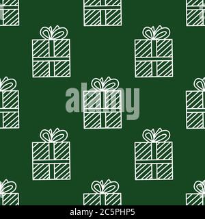 Seamless pattern made from white doodle gift boxes with bow on green background. Vector stock illustration. Stock Vector