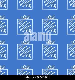 Seamless pattern made from white doodle gift boxes with bow on red background. Vector stock illustration. Stock Vector