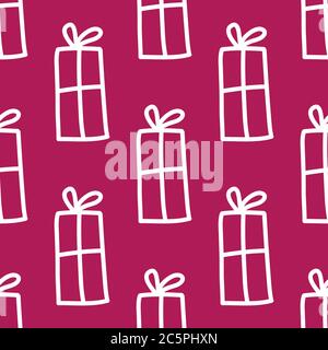 Seamless pattern made from white doodle gift boxes with bow on red background. Vector stock illustration. Stock Vector