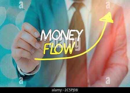 Text sign showing Money Flow. Business photo showcasing it is an indicator of positive or negative in a current day digital arrowhead curve rising upw Stock Photo