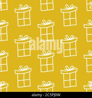 Seamless pattern made from white doodle gift boxes with bow on red background. Vector stock illustration. Stock Vector