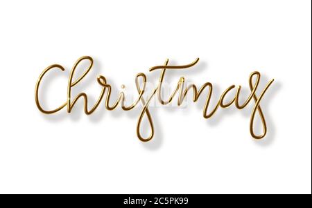 3D Realistic golden inscription Merry Christmas isolated on a white horizontal background. Stock Vector