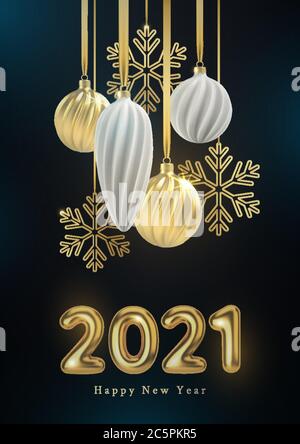 Christmas background with Christmas tree toys of white and gold, a spiral balls and snowflakes on a black vertical background, with the inscription Stock Vector