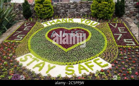 Floral Display carpet bed, showing NHS Thanks You, during corona pandemic, also VE 75 years Stock Photo