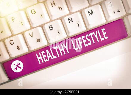 Writing note showing Healthy Lifestyle. Business concept for way of living that lowers the risk of being seriously ill Colored keyboard key with acces Stock Photo