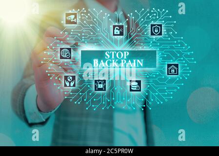 Word writing text Stop Back Pain. Business photo showcasing put an end on the pain felt in the low or upper back System administrator control, gear co Stock Photo
