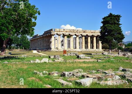 Cilento National Park, Campania, Italy. Poseidonia (Roman name Paestum) Greek and Roman archaeological site. It was a major ancient Greek city on the coast of the Tyrrhenian Sea in Magna Graecia. The first temple of Hera. Stock Photo