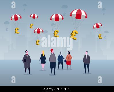 The British government plans financial relief  for impending recession from the COVID-19 crisis. Citizens are looking up with city backdrop. Stock Vector