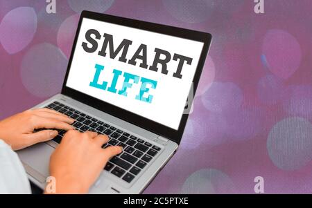 Writing note showing Smart Life. Business concept for technology that works to make living enjoyable and comfortable Modern gadgets white screen under Stock Photo