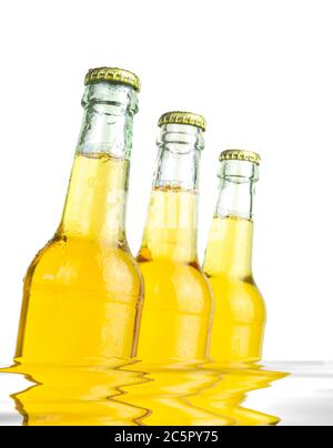 beer bottles with water drops, close up, isolated Stock Photo
