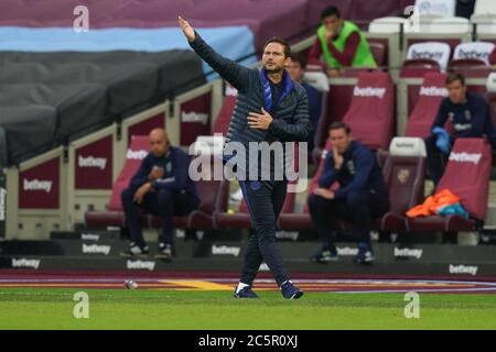 London, UK. 01st July, 2020. Chelsea Manager Frank Lampard during the Premier League match between West Ham United and Chelsea played behind closed doors due to the COVID-19 pandemic at the Olympic Park, London, England on 1 July 2020. Photo by Andy Rowland/PRiME Media Images. Credit: PRiME Media Images/Alamy Live News Stock Photo