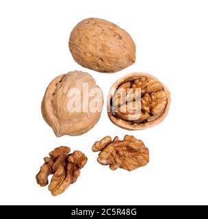 Walnuts isolated on white background.  Macro of nuts. Nuts and seeds of the common walnut. Stock Photo