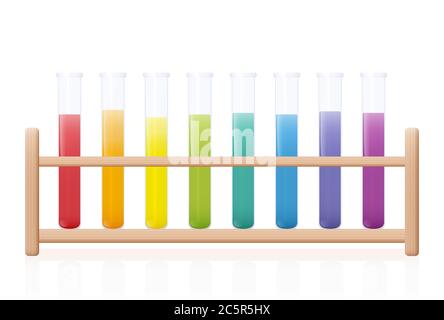 Test tube rack with rainbow colored substances. Wooden holder with colorful fluids in eight laboratory glass tubes - illustration on white. Stock Photo