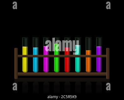 Chemical substances. Neon colored fluorescent toxic liquids in a test tube rack. Wooden holder with radiant colored fluids in eight laboratory glasses. Stock Photo