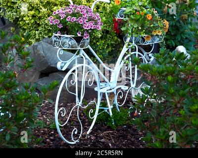 Onamental white bicycle in a garden decorated with flowers Stock Photo