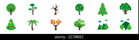 Vector trees flat icon set. Round crown tree, pine, dead tree, apple tree, spruce, oak, decorated christmas tree, palm, acacia, bird family, mixed and Stock Vector